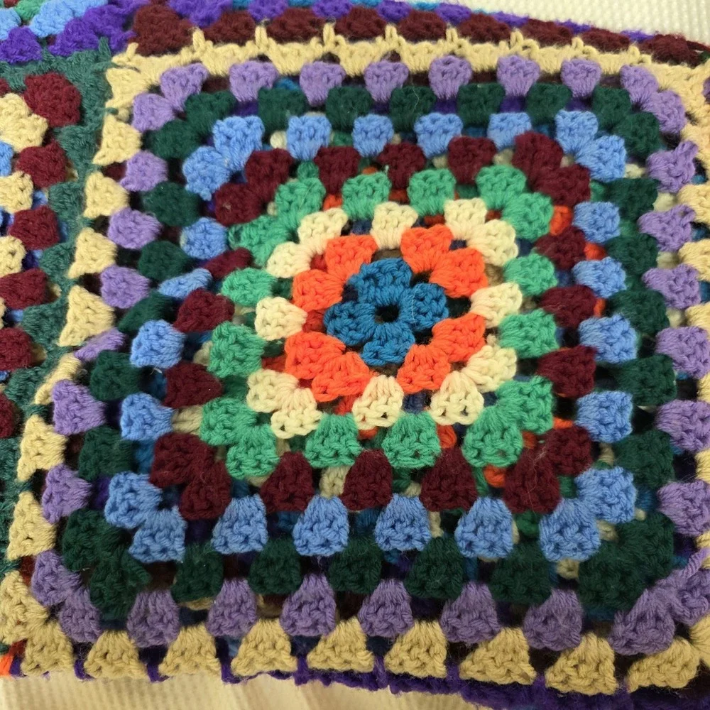 VTG Large Granny Square Afghan Black Crocheted Roseanne Throw Blanket  60